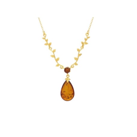 Colar de folhas com gota de âmbar conhaque, em prata dourado 925, comprimento 42 +3 cm