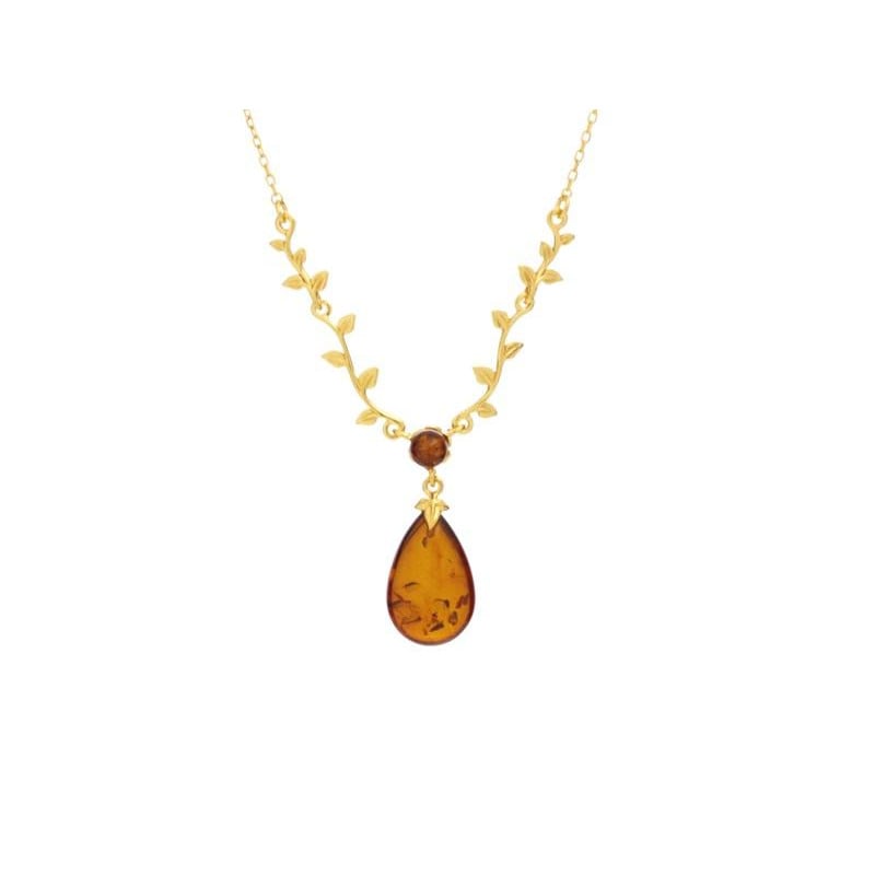 Colar de folhas com gota de âmbar conhaque, em prata dourado 925, comprimento 42 +3 cm