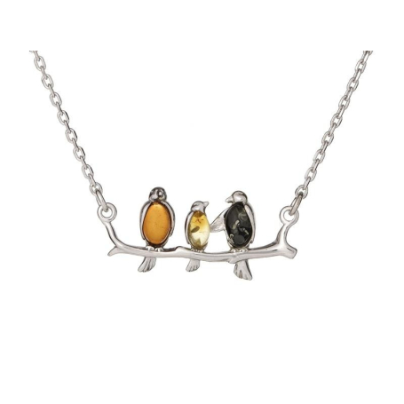 Bird necklace with multi-colored amber, in 925 rhodium silver, length 42 + 3 cm
