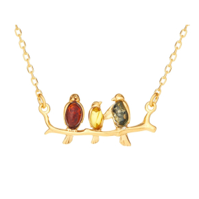 Collier oiseau avec ambre multicolore, en argent doré 925, longueur 42 + 3 cm