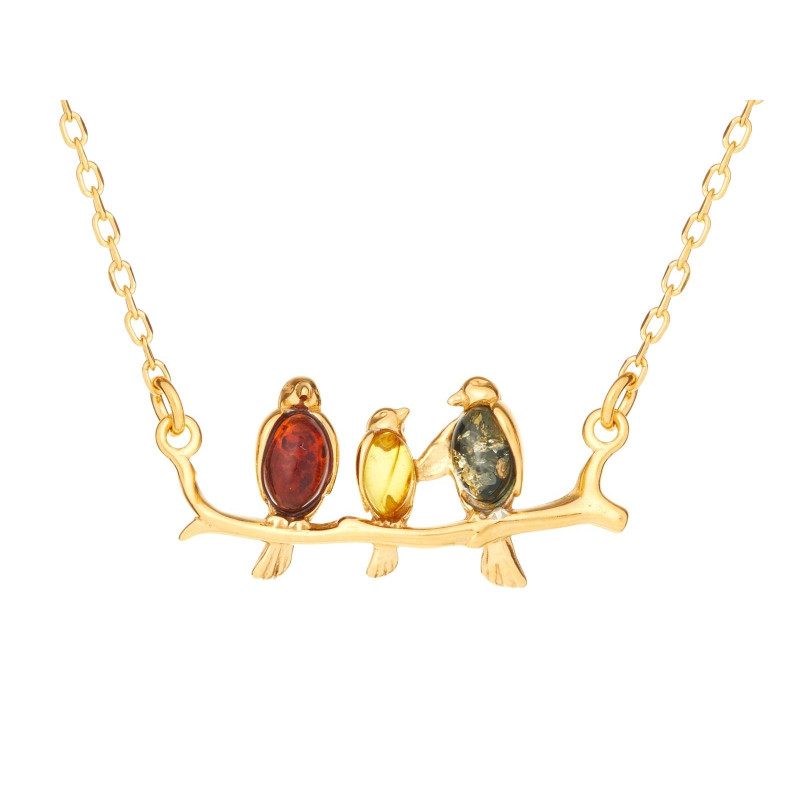 Collier oiseau avec ambre multicolore, en argent doré 925, longueur 42 + 3 cm