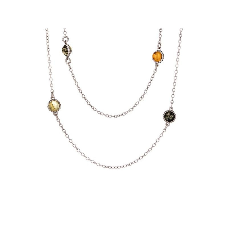 Necklace with multi-colored amber ball, in 925 rhodium silver, length 100 + 5 cm