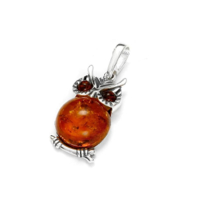 Pendentif chouette avec ambre cognac, en argent rhodié 925, hauteur 2,5+1 cm