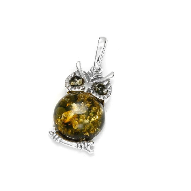 Owl pendant with green amber, in 925 rhodium silver, height 2.5+1 cm