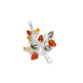 Pendentif arbre de vie avec ambre multicolore, argent rhodié 925, 3,3+1 cm