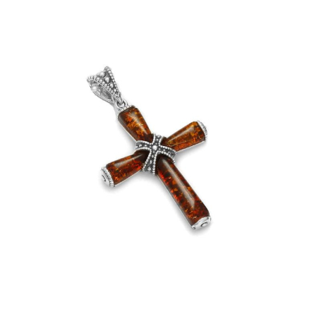 Pendentif croix avec ambre cognac, en argent rhodié 925, hauteur 3,5+1 cm