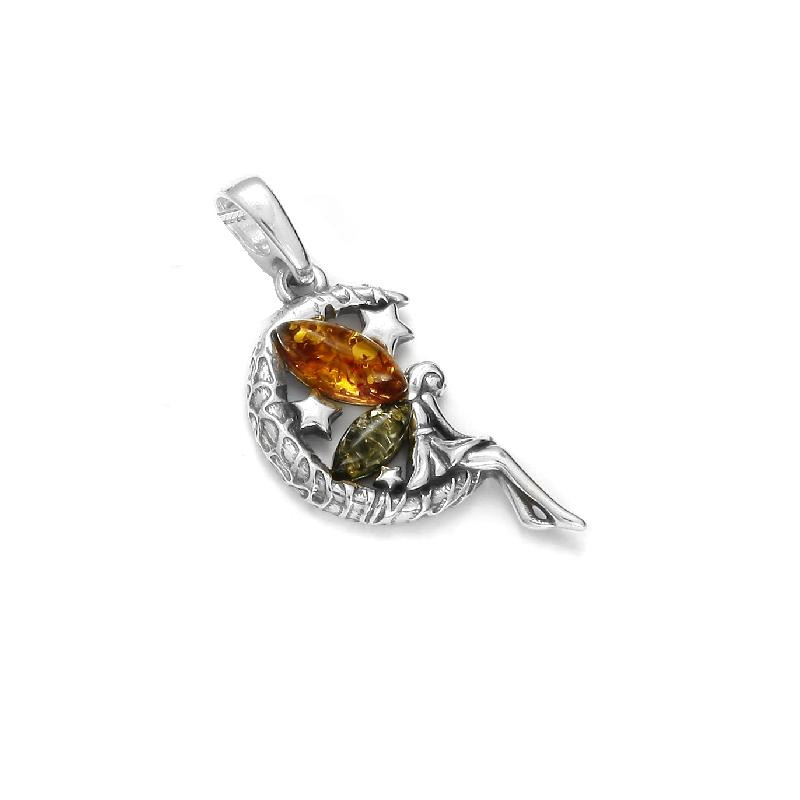 요정 펜던트, 멀티컬러 앰버 장식의 반달, 925 로듐 도금 실버, 높이 3cm