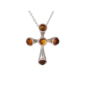 Kreuzanhänger mit rundem Cognac-Bernstein, aus 925er rhodiniertem Silber, Höhe 2,5 cm