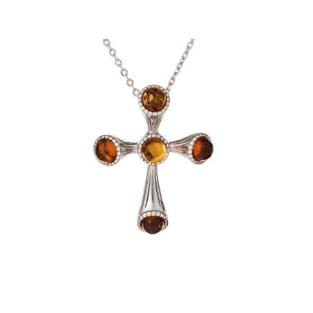Pandantiv cruce cu chihlimbar cognac rotund, din argint placat cu rodiu 925, înălțime 2,5 cm