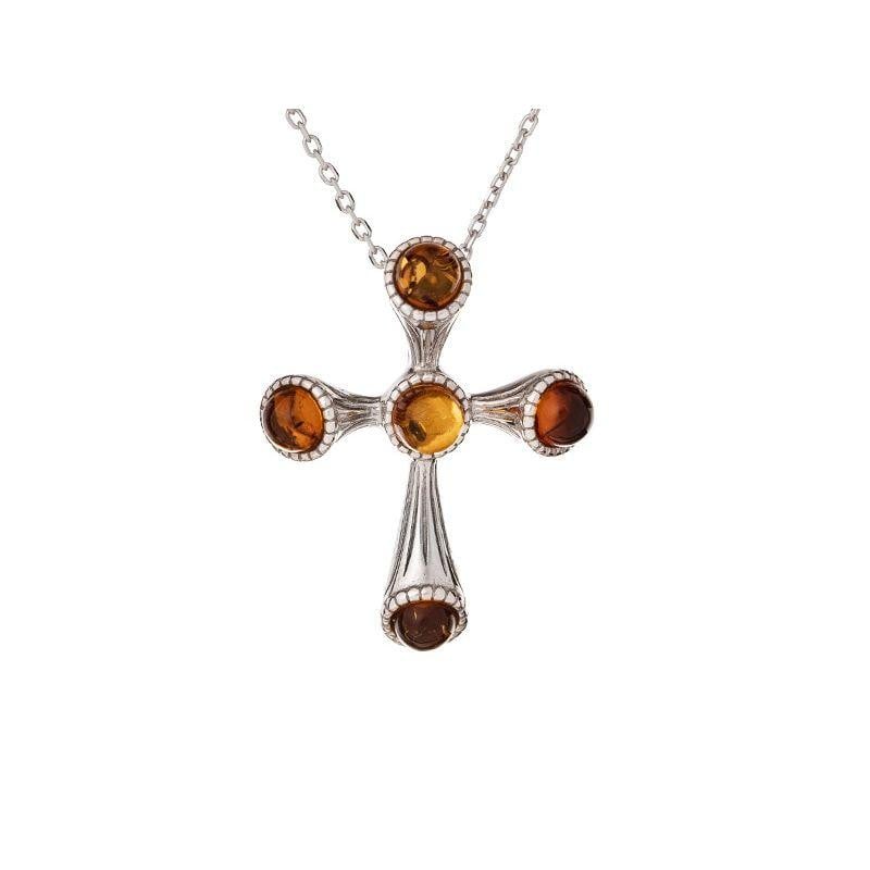 Colgante de cruz con ámbar coñac redondo, en plata 925 rodiada, altura 2,5 cm
