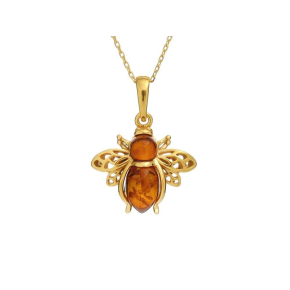 Pendentif abeille avec ambre cognac, en argent doré 925, hauteur 1,6+0,8 cm