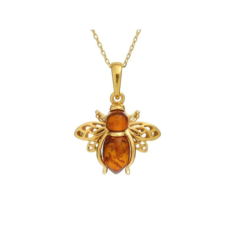 Pendentif abeille avec ambre cognac, en argent doré 925, hauteur 1,6+0,8 cm