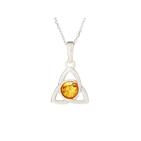 Pendentif triquetra avec ambre cognac, en argent rhodié 925, hauteur 1,4+0,8 cm