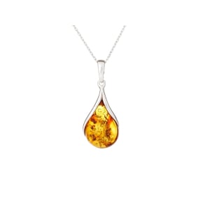 Drop pendant with natural cognac amber, in 925 rhodium silver, height 2+1 cm