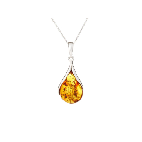Pendentif goutte avec ambre cognac naturel, en argent rhodié 925, hauteur 2+1 cm