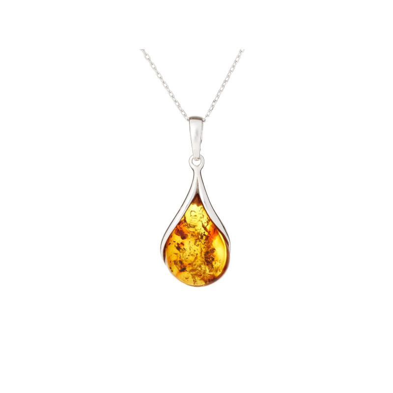 Pendente goccia con ambra naturale cognac, in argento 925 rodiato, altezza 2+1 cm