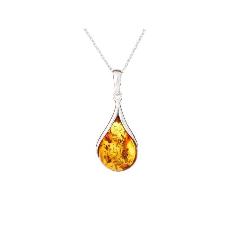 Pendente pendente com âmbar conhaque natural, em prata 925 banhada a ródio, altura 2+1 cm