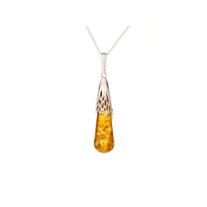 Pendentif avec ambre cognac goutte, en argent rhodié 925, hauteur 3,5+1 cm