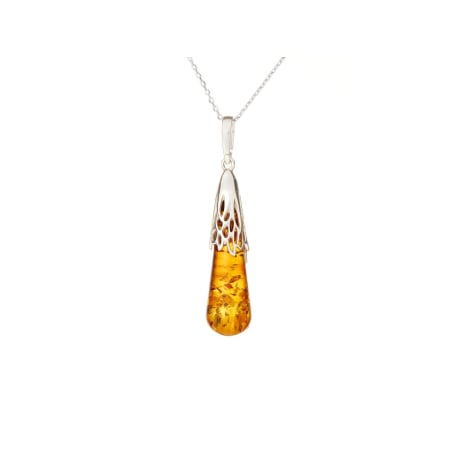 Ciondolo con goccia ambra cognac, in argento 925 rodiato, altezza 3,5+1 cm