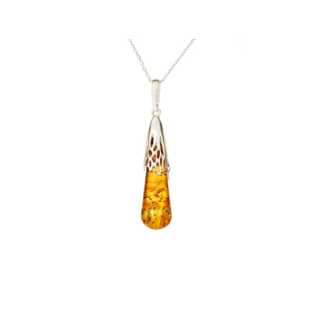 꼬냑 앰버 드롭 펜던트, 925 로듐 도금 실버, 높이 3.5+1 cm