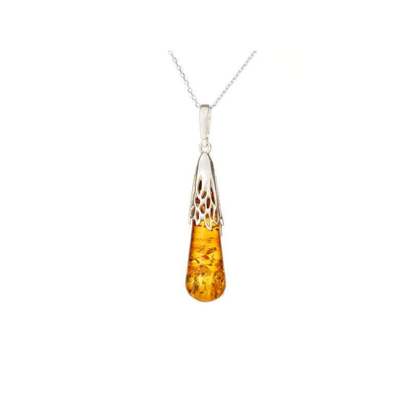 Pendentif avec ambre cognac goutte, en argent rhodié 925, hauteur 3,5+1 cm