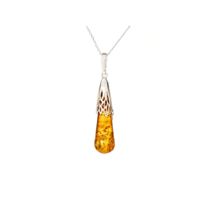 Colgante con gota de ámbar coñac, en plata 925 rodiada, altura 3,5+1 cm