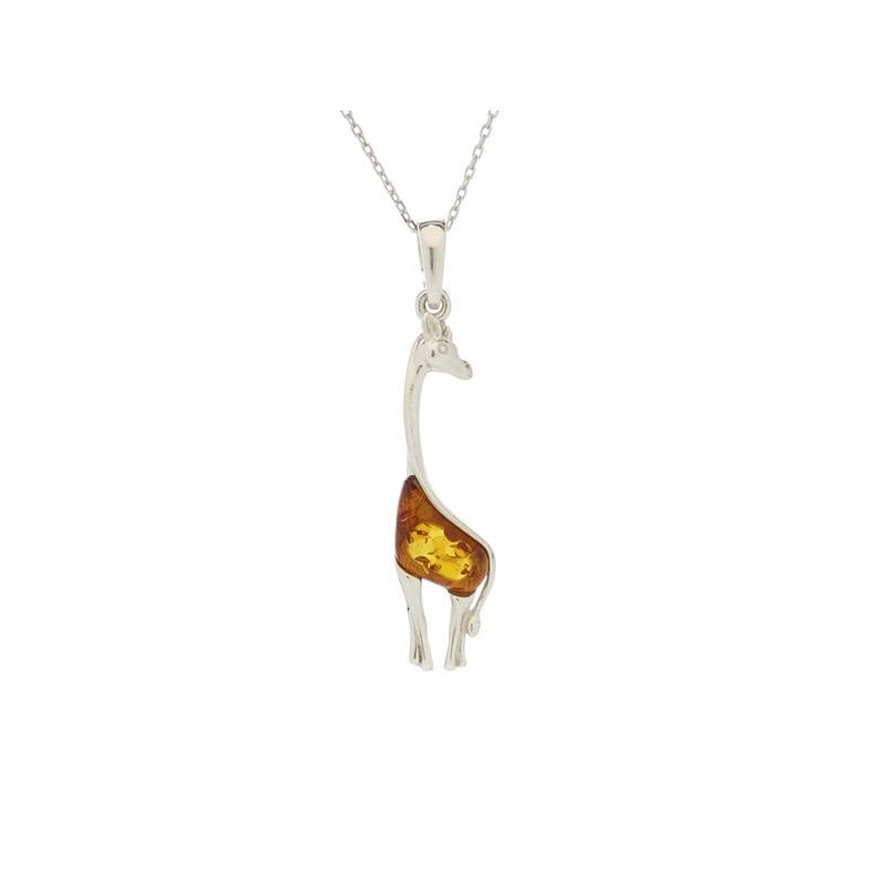 Ciondolo giraffa con ambra cognac, in argento 925 rodiato, altezza 3+1 cm