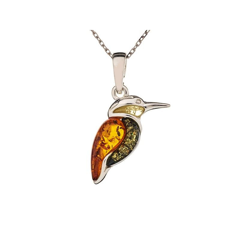 Ciondolo colibrì con ambra naturale multicolore, in argento 925 rodiato