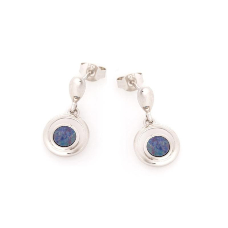Boucles d'oreilles avec opale bleue doublet ronde, en argent rhodié 925