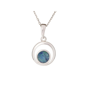 Pendentif rond avec opale bleue doublet, en argent rhodié 925, hauteur 1,2+1 cm