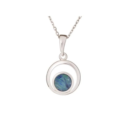 Runder Anhänger mit Dublette aus blauem Opal, aus 925er rhodiniertem Silber, Höhe 1,2+1 cm