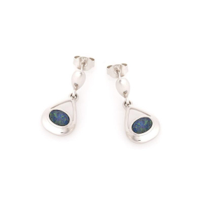 Boucles d'oreilles avec opale bleue doublet ovale, en argent rhodié 925
