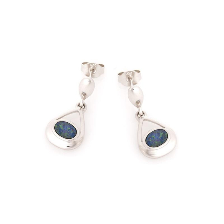 Boucles d'oreilles avec opale bleue doublet ovale, en argent rhodié 925