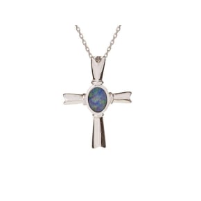 Kreuzanhänger mit Wams aus blauem Opal, aus 925er rhodiniertem Silber, Höhe 2,5 cm