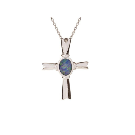 Pendentif croix avec opale bleue doublet, en argent rhodié 925, hauteur 2,5 cm