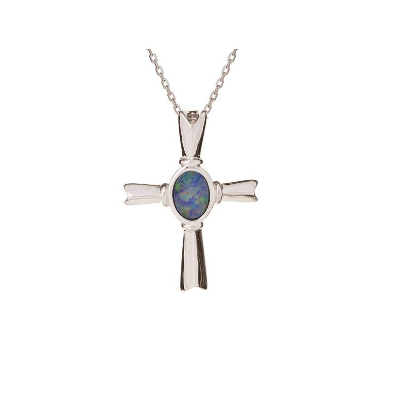 Kreuzanhänger mit Wams aus blauem Opal, aus 925er rhodiniertem Silber, Höhe 2,5 cm
