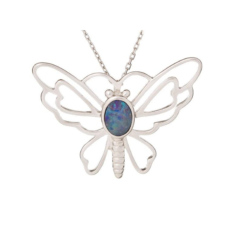 Pendentif papillon opale doublet, oxyde de zirconium, argent rhodié 925, 2,5 cm
