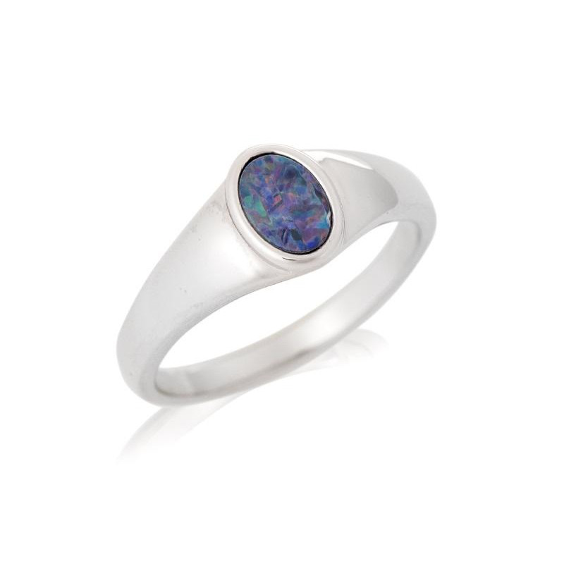 Bague avec opale bleue doublet d'Australie ovale, en argent rhodié 925