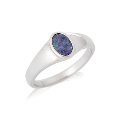 Inel cu opal dublu australian oval albastru, din argint 925 placat cu rodiu