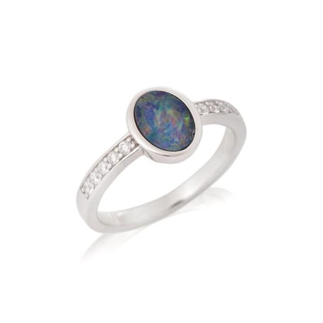 Oval ikili opal ve zirkonyum oksitli yüzük, 925 rodyum kaplama gümüş