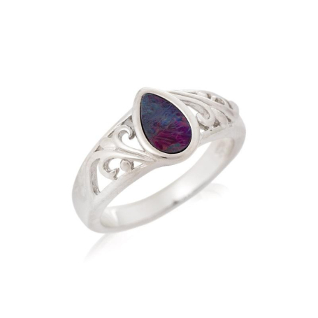 Ring with blue opal doublet from Australia drop, in rhodium silver 925