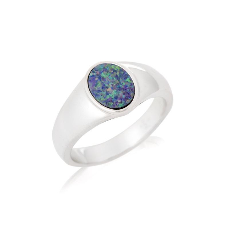Signet ring with oval Australian blue opal doublet, in 925 rhodium silver