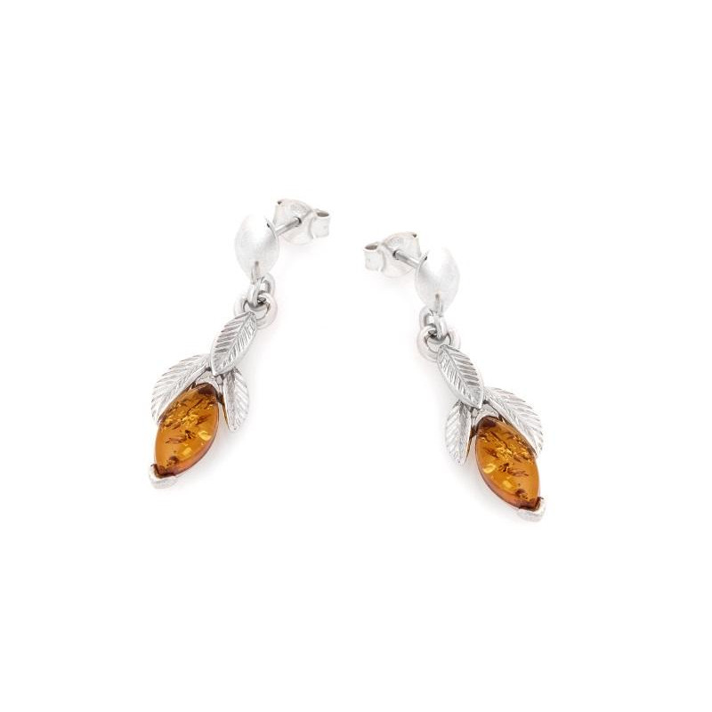 Dangle earrings with natural cognac amber, in 925 rhodium silver