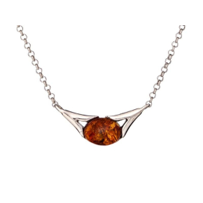 Halsketting met ovale cognac barnsteen, in gerhodineerd zilver 925, lengte 40 + 5 cm