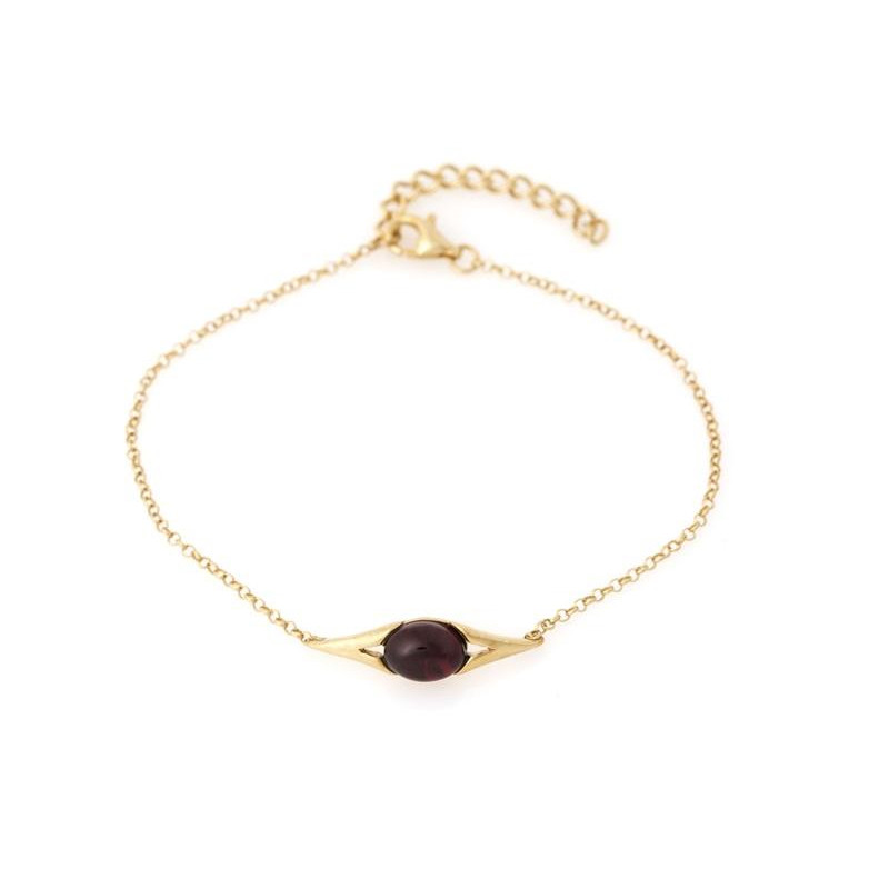Pulseira oval com âmbar conhaque natural, em prata dourado 925, comprimento 17+3 cm