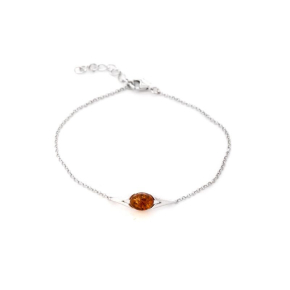 Oval konyak kehribarlı, 925 rodyum kaplama gümüş bileklik, uzunluk 17+3 cm