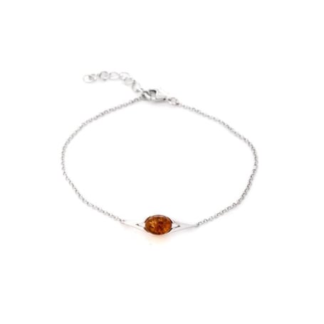 Bratara cu chihlimbar cognac oval, din argint 925 rodiu, lungime 17+3 cm