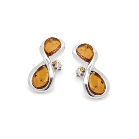 Boucles d'oreilles avec ambre cognac naturel, en argent rhodié 925