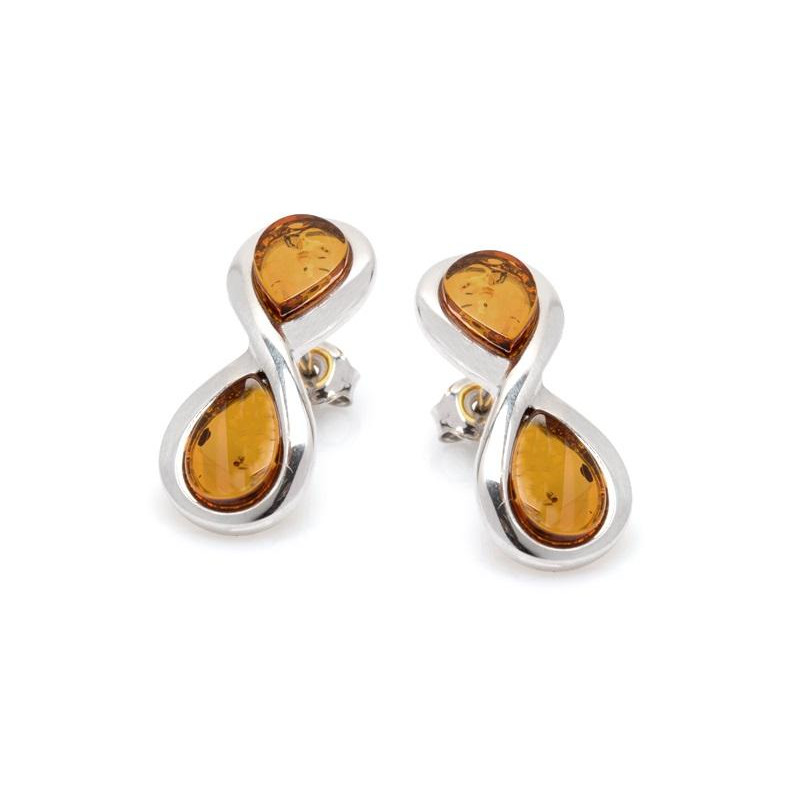Boucles d'oreilles avec ambre cognac naturel, en argent rhodié 925