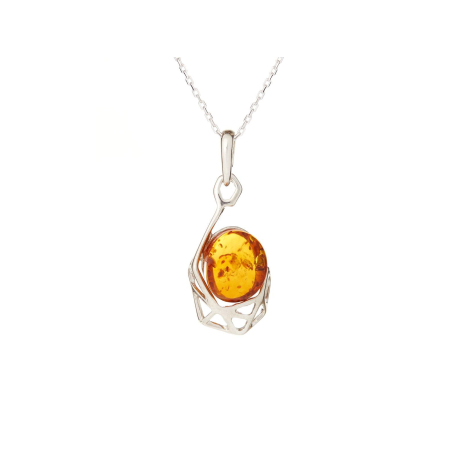 Pendant with oval cognac amber, in 925 rhodium silver, height 2+1 cm
